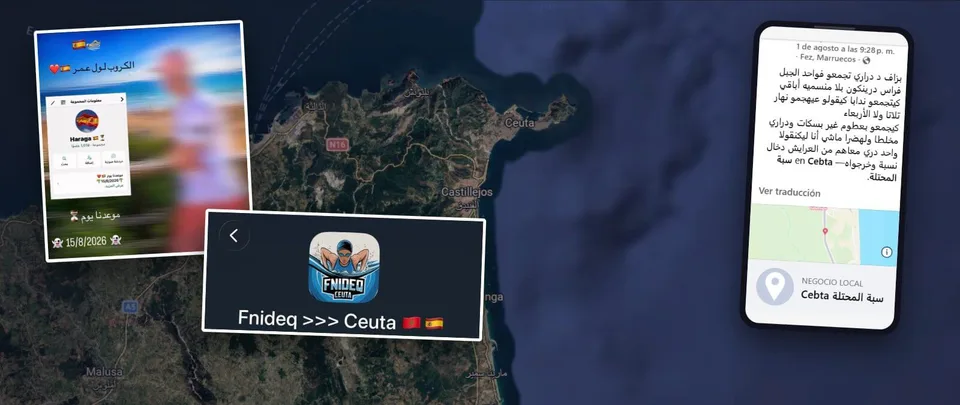 Pantalla de teléfono con mensajes de redes sociales frente a la frontera de Ceuta, como representación de la investigación digital del 30-J.